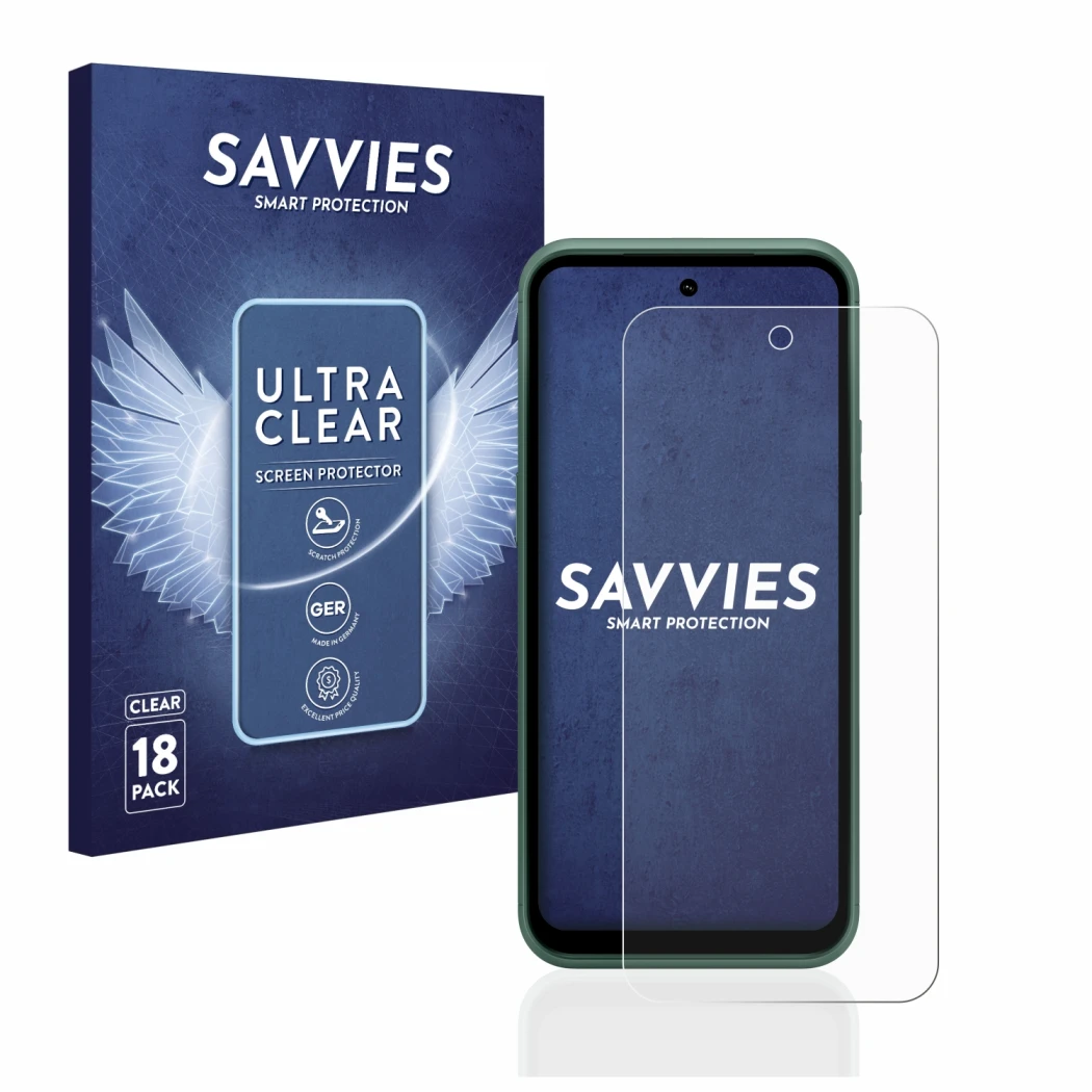 Front side of a product packaging with the brand logo Savvies. Next to it is the device Nokia XR21 shown with the correspondin