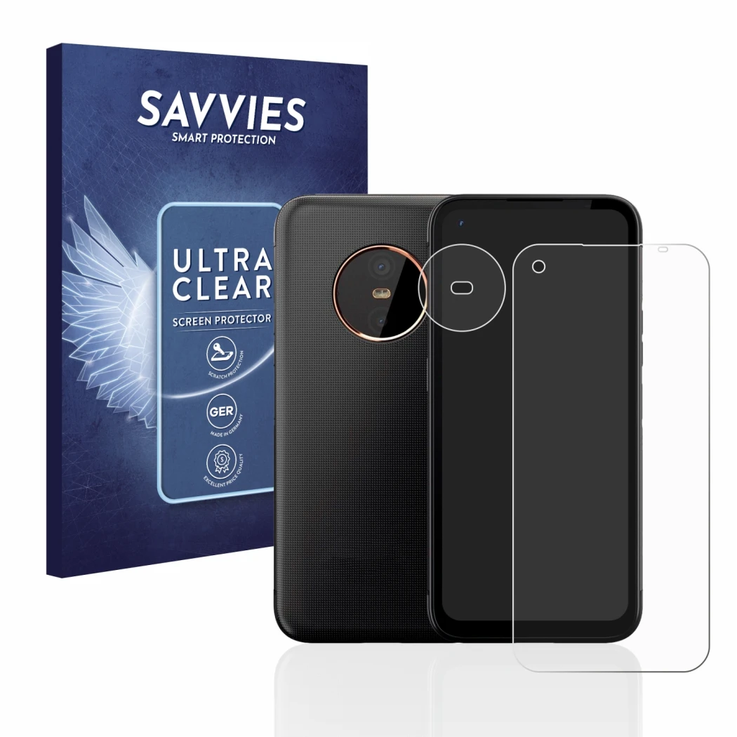 Front side of a product packaging with the brand logo Savvies. Next to it is the device Gigaset GX6 (Front+Camera) shown with 