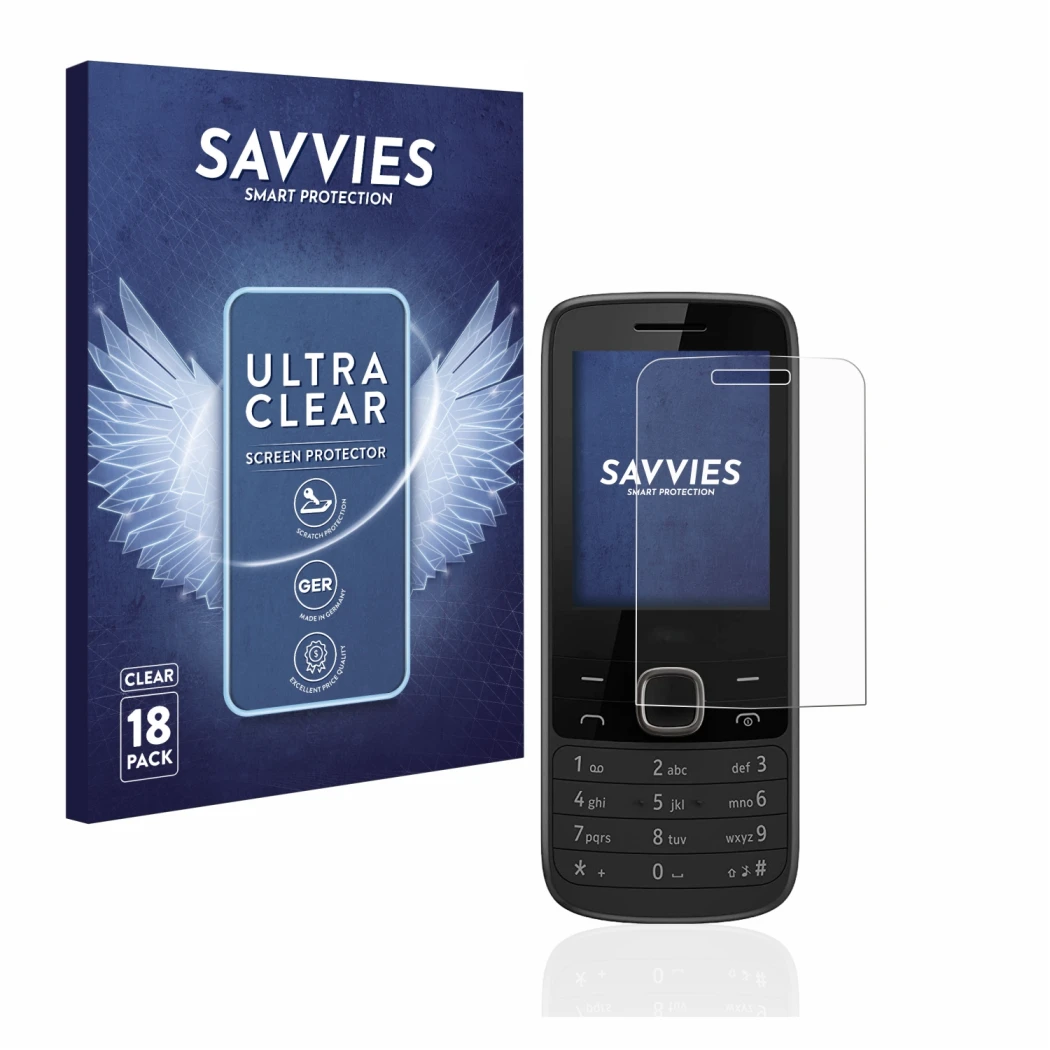 Front side of a product packaging with the brand logo Savvies. Next to it is the device Nokia 225 4G shown with the correspond