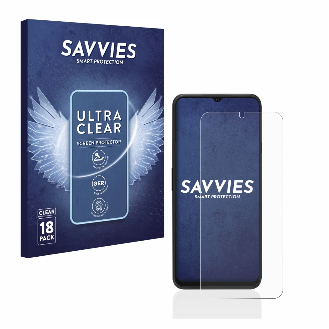 Front side of a product packaging with the brand logo Savvies. Next to it is the device Cubot P80 shown with the corresponding