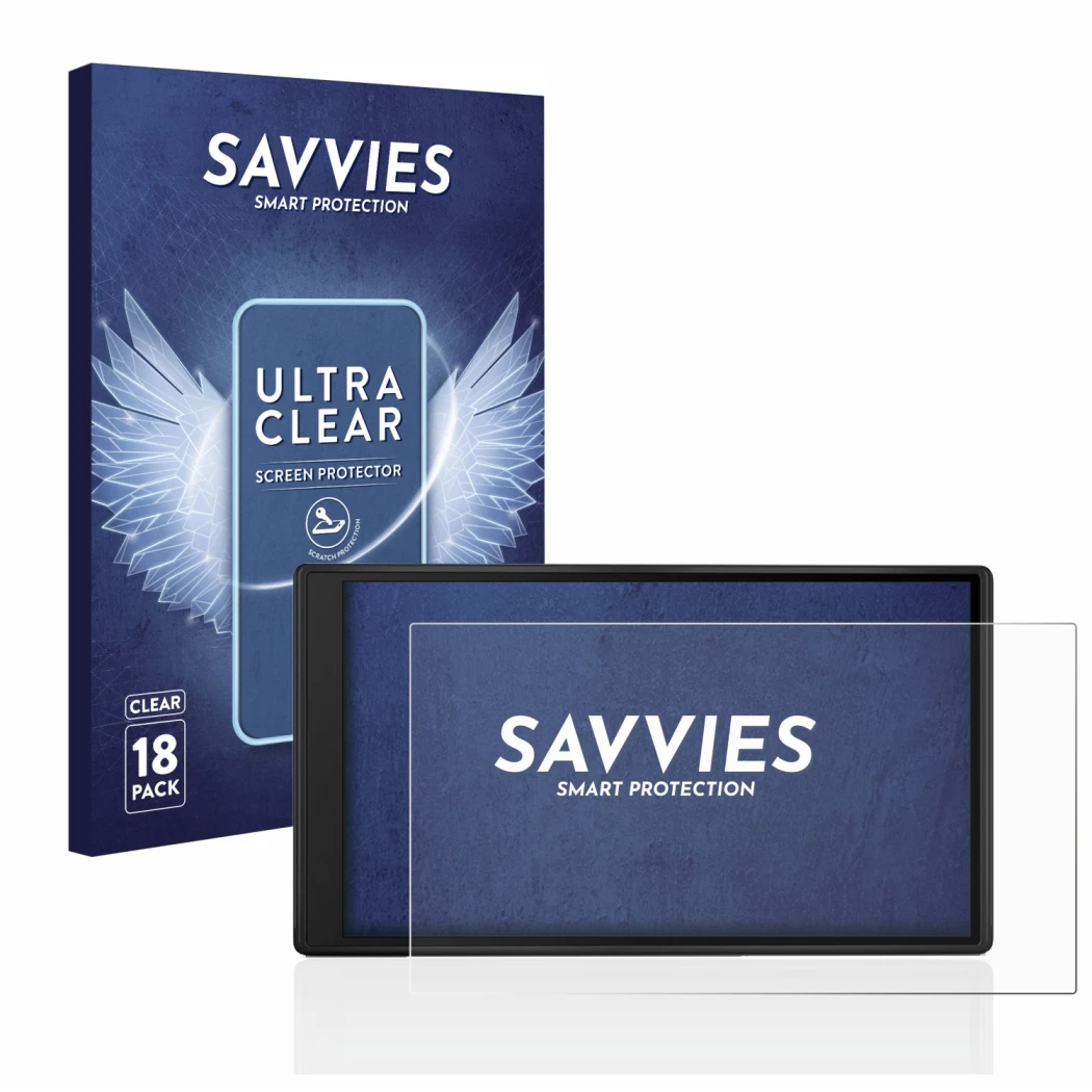 Front side of a product packaging with the brand logo Savvies. Next to it is the device Garmin Drive 55 shown with the corresp