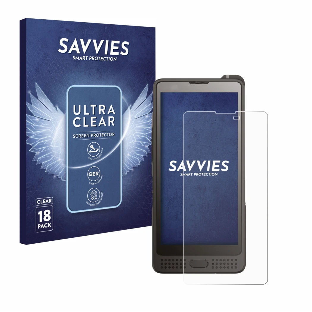 Front side of a product packaging with the brand logo Savvies. Next to it is the device Sonim XP10 shown with the correspondin
