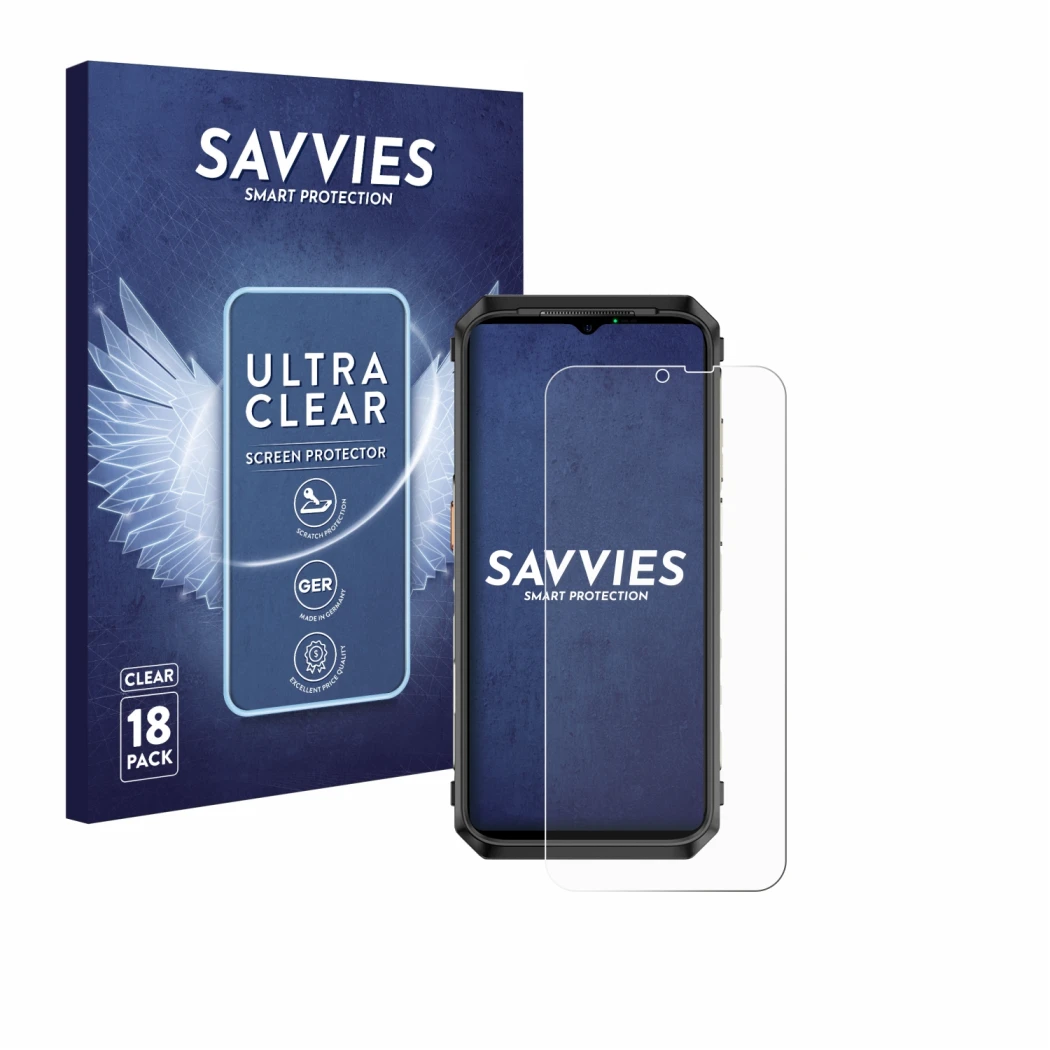 Front side of a product packaging with the brand logo Savvies. Next to it is the device Ulefone Power Armor 19T shown with the