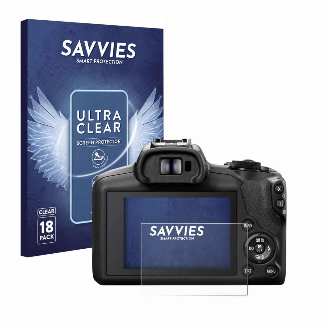 Front side of a product packaging with the brand logo Savvies. Next to it is the device Canon EOS R100 shown with the correspo