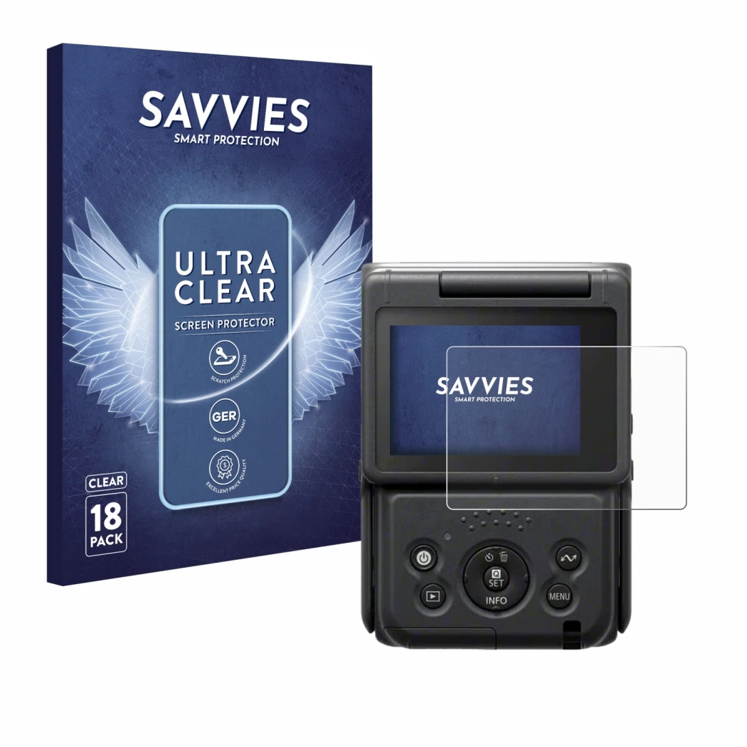 Front side of a product packaging with the brand logo Savvies. Next to it is the device Canon PowerShot V10 Vlog Camera shown 