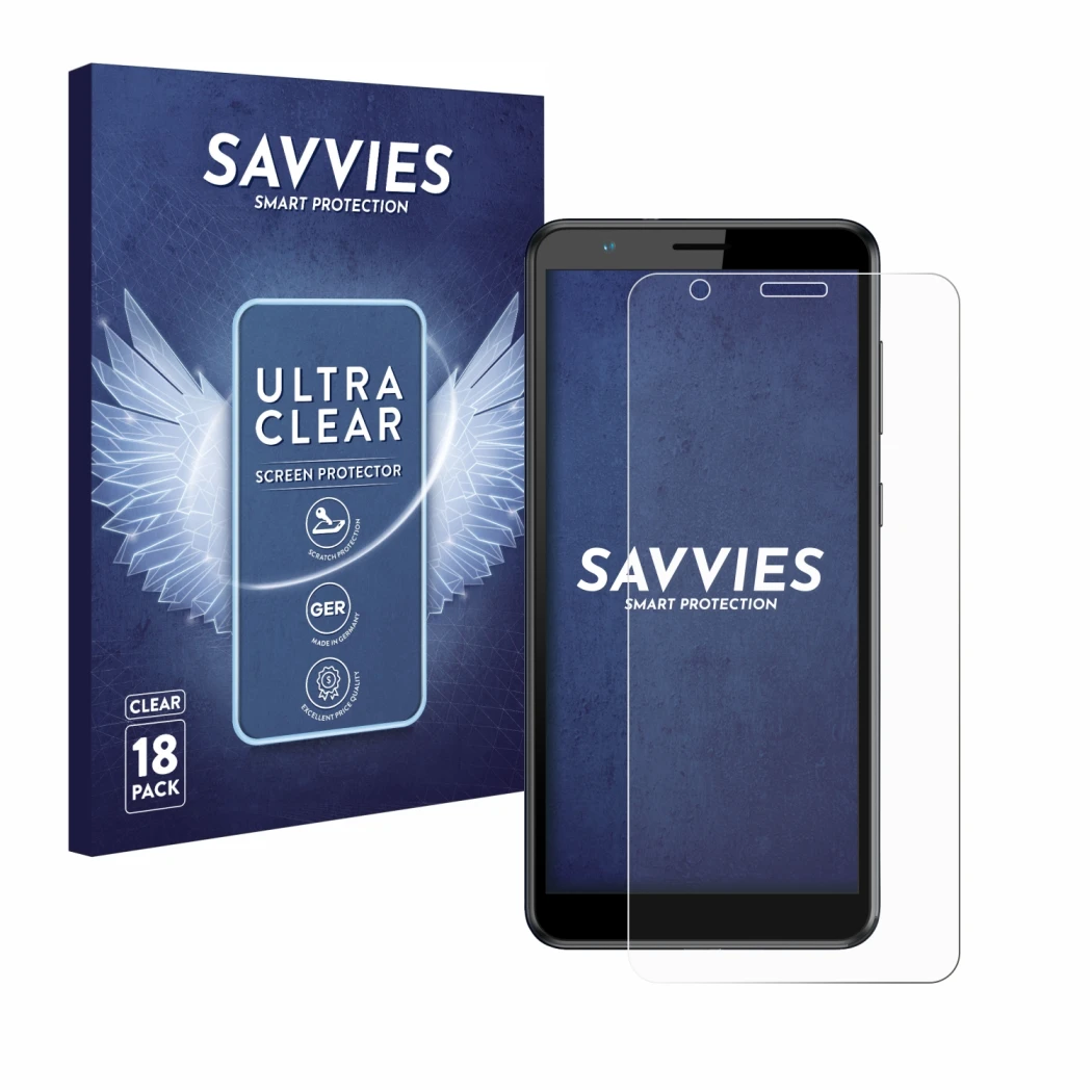 Front side of a product packaging with the brand logo Savvies. Next to it is the device ZTE Blade A31 shown with the correspon