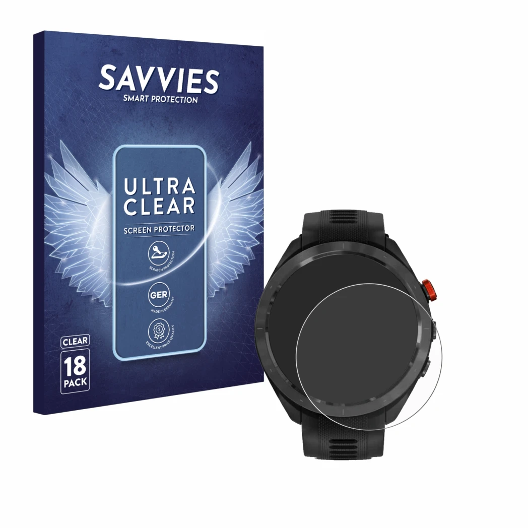Front side of a product packaging with the brand logo Savvies. Next to it is the device Garmin Approach S70 (47 mm) shown with