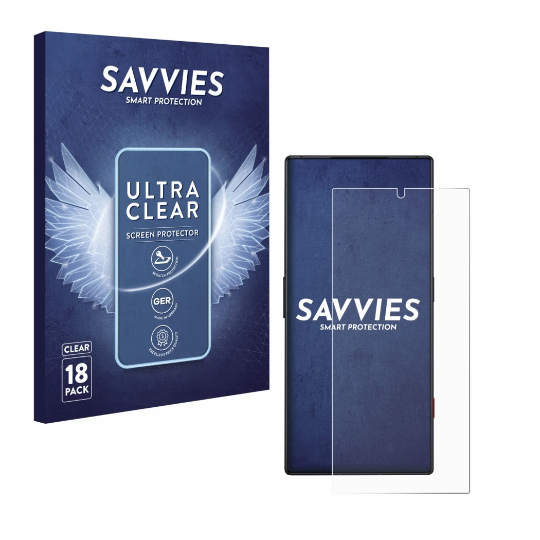 Front side of a product packaging with the brand logo Savvies. Next to it is the device ZTE Nubia Red Magic 8S Pro shown with 