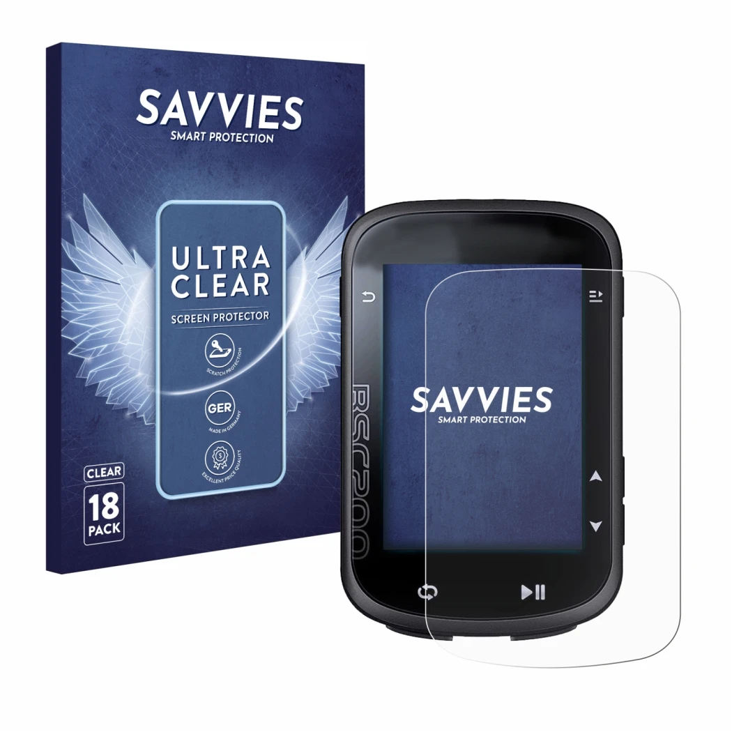 Front side of a product packaging with the brand logo Savvies. Next to it is the device iGPSPORT BSC200 shown with the corresp