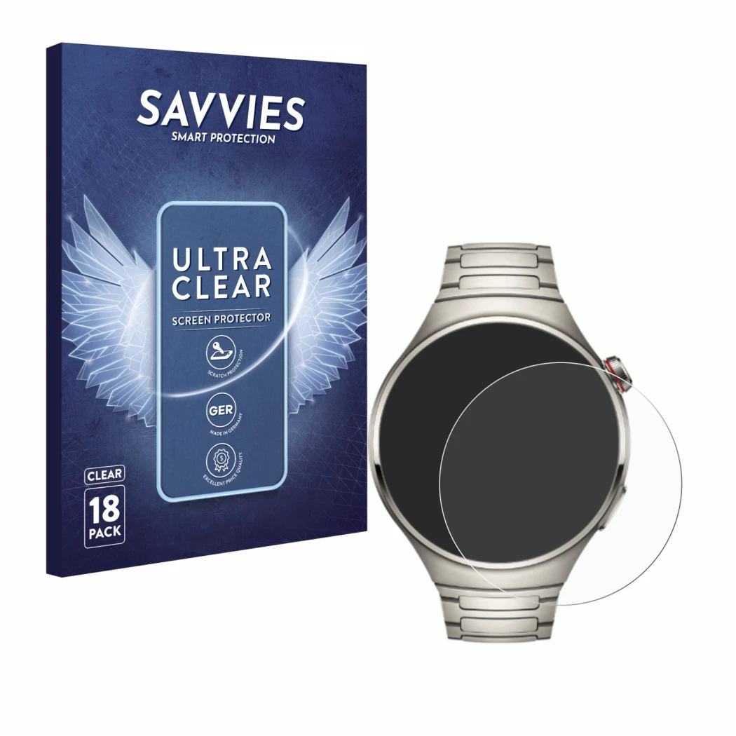 Front side of a product packaging with the brand logo Savvies. Next to it is the device Huawei Watch 4 Pro shown with the corr