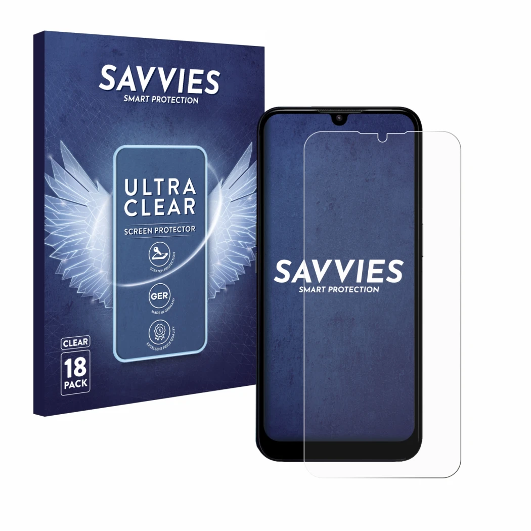 Front side of a product packaging with the brand logo Savvies. Next to it is the device Doro 8200 shown with the corresponding