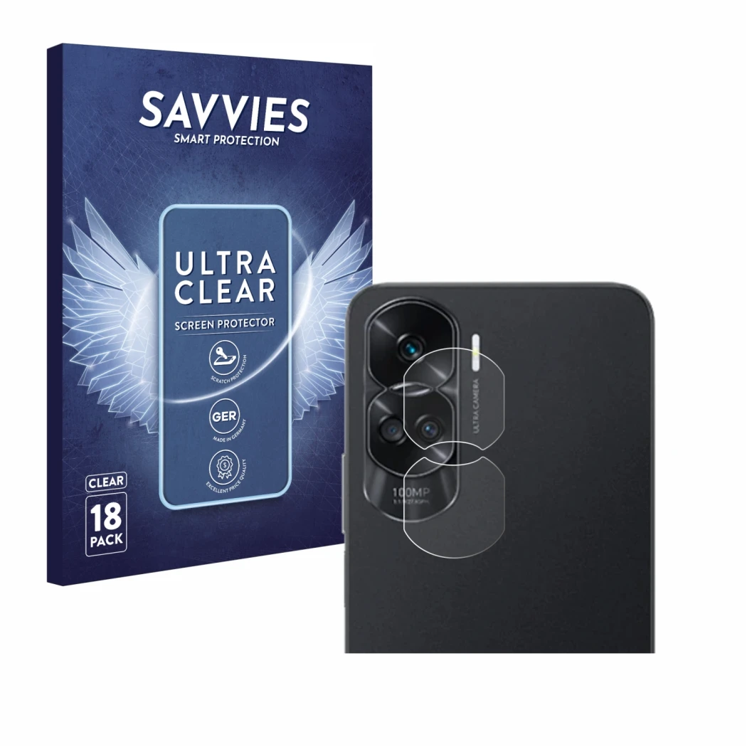 Front side of a product packaging with the brand logo Savvies. Next to it is the device Honor 90 Lite (ONLY Camera Lens) shown