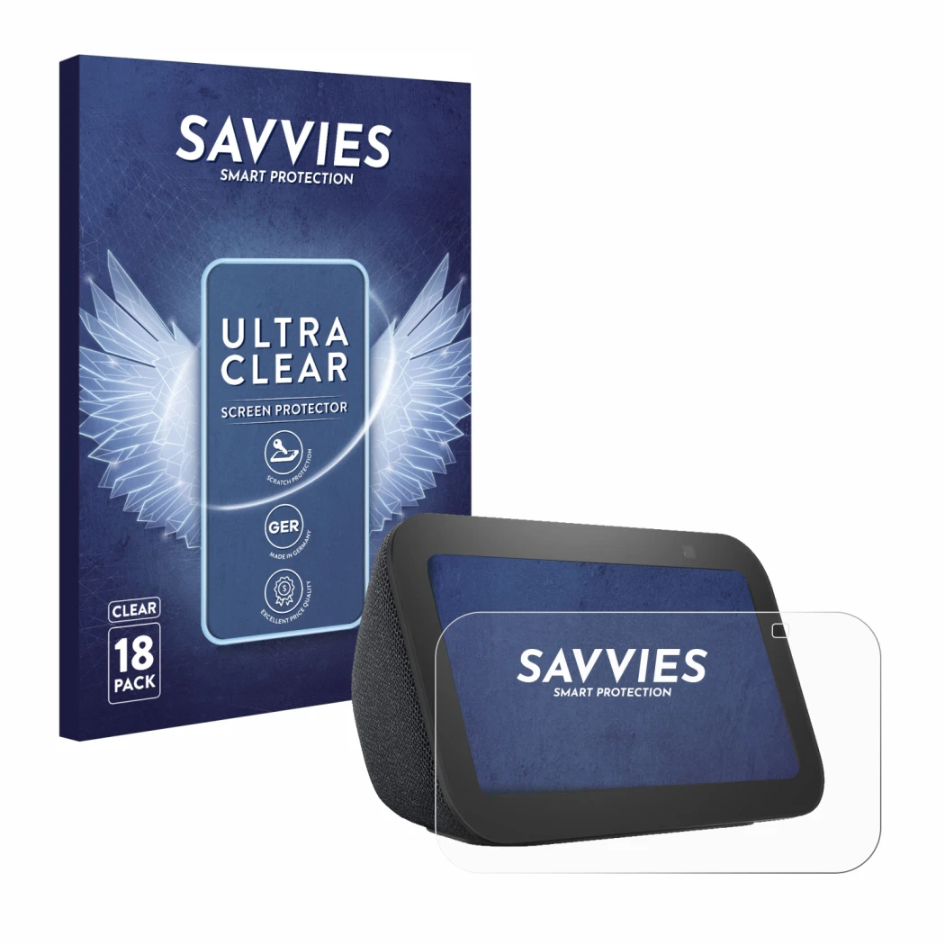 Front side of a product packaging with the brand logo Savvies. Next to it is the device Amazon Echo Show 5 (3th Gen.) shown wi