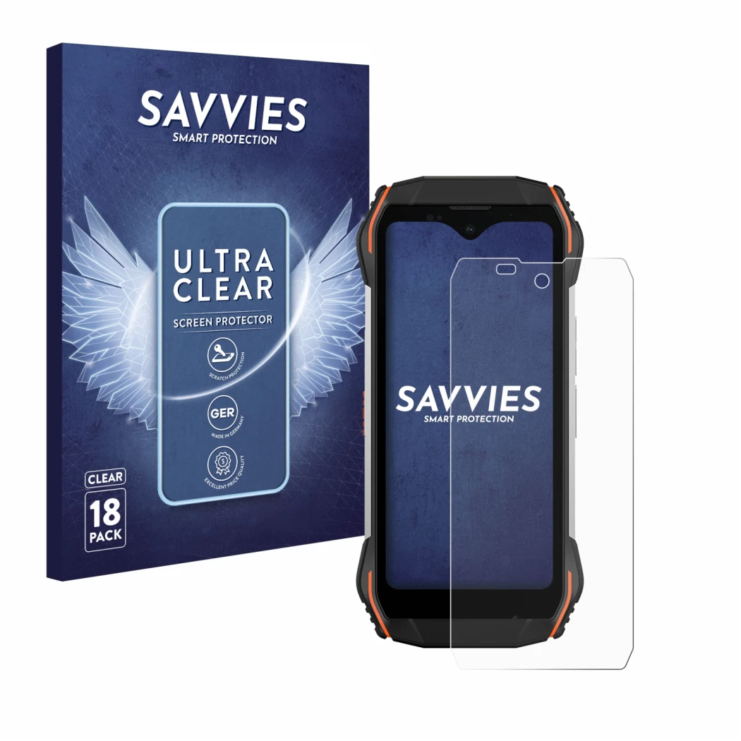 Front side of a product packaging with the brand logo Savvies. Next to it is the device Blackview N6000 shown with the corresp