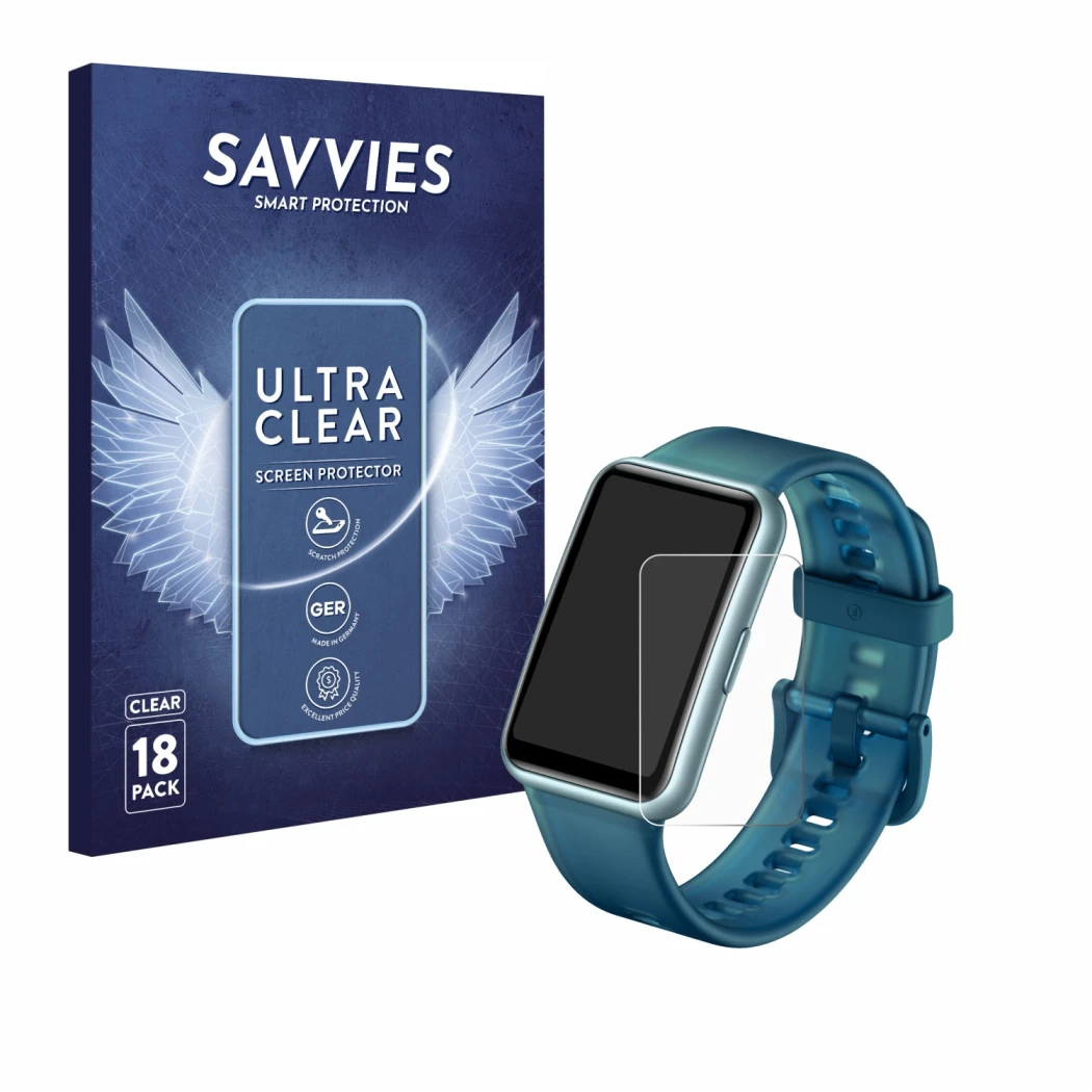 Front side of a product packaging with the brand logo Savvies. Next to it is the device Huawei Watch Fit Special Edition shown