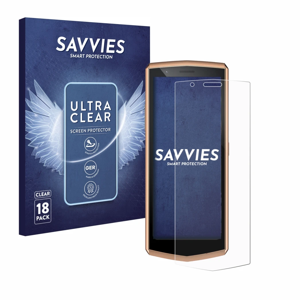 Front side of a product packaging with the brand logo Savvies. Next to it is the device Cubot Pocket 3 shown with the correspo