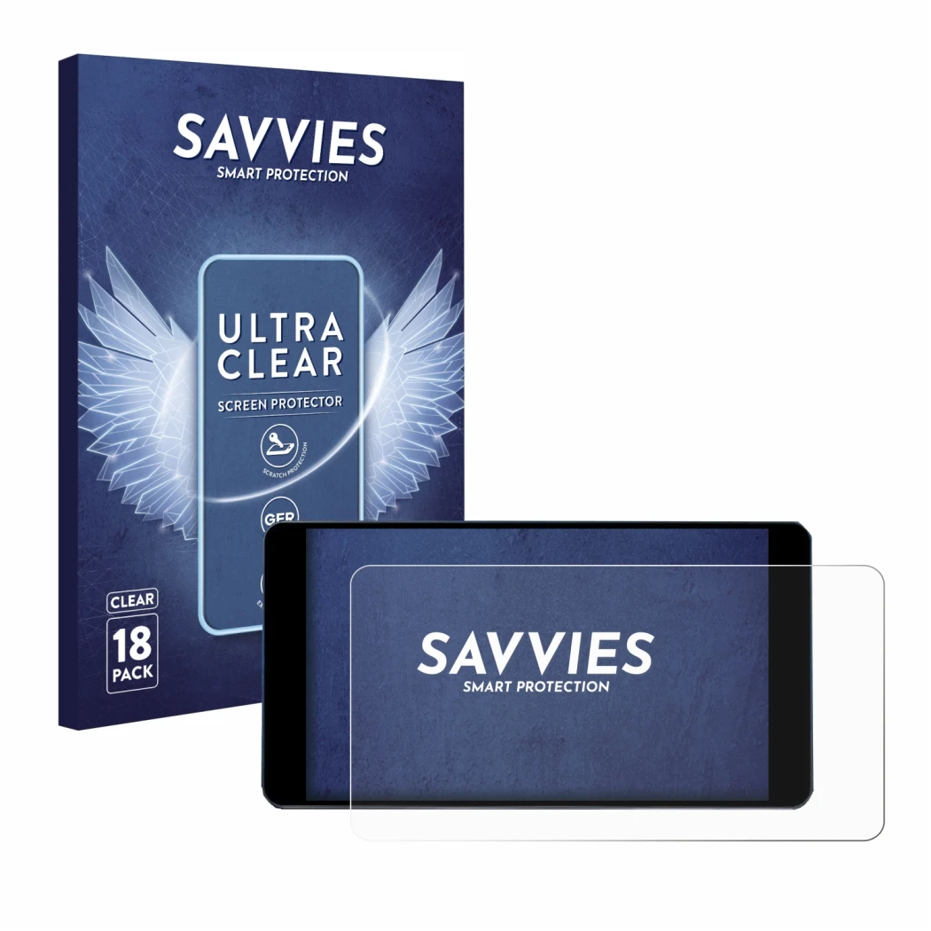 Front side of a product packaging with the brand logo Savvies. Next to it is the device Zontes 350D shown with the correspondi