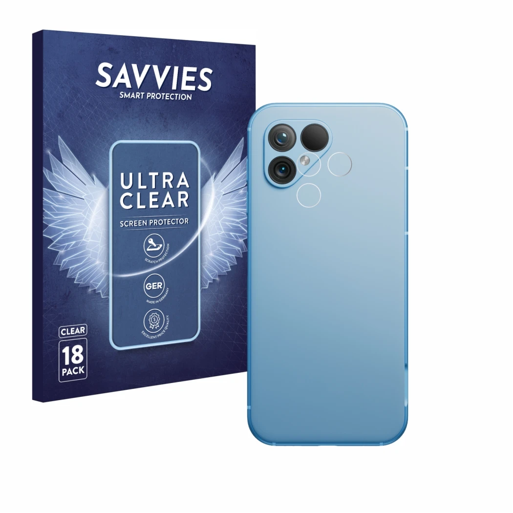 Front side of a product packaging with the brand logo Savvies. Next to it is the device Fairphone 5 (ONLY Camera Lens) shown w