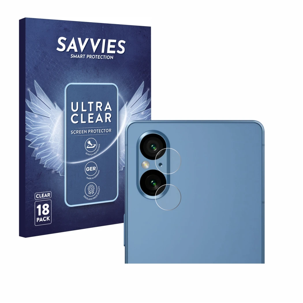 Front side of a product packaging with the brand logo Savvies. Next to it is the device Sony Xperia 5 V (ONLY Camera Lens) sho