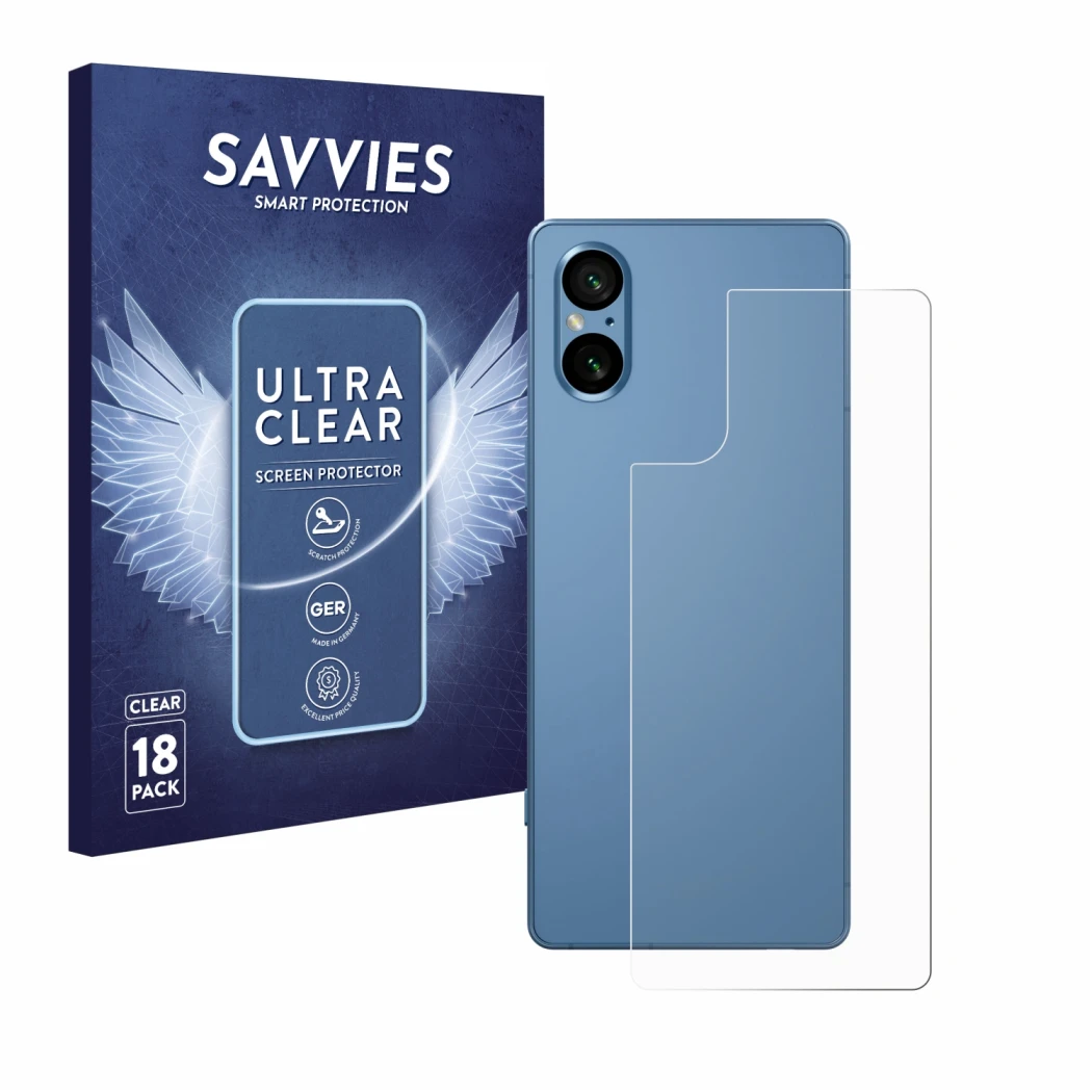Front side of a product packaging with the brand logo Savvies. Next to it is the device Sony Xperia 5 V (Back) shown with the 