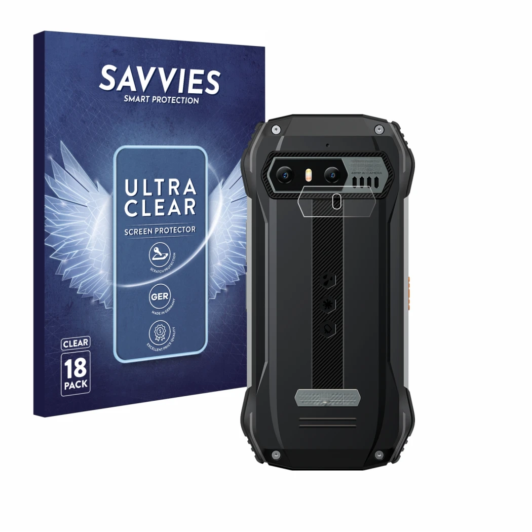 Front side of a product packaging with the brand logo Savvies. Next to it is the device Blackview N6000 (ONLY Camera Lens) sho