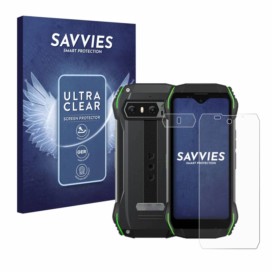 Front side of a product packaging with the brand logo Savvies. Next to it is the device Blackview N6000 (Front+Camera) shown w