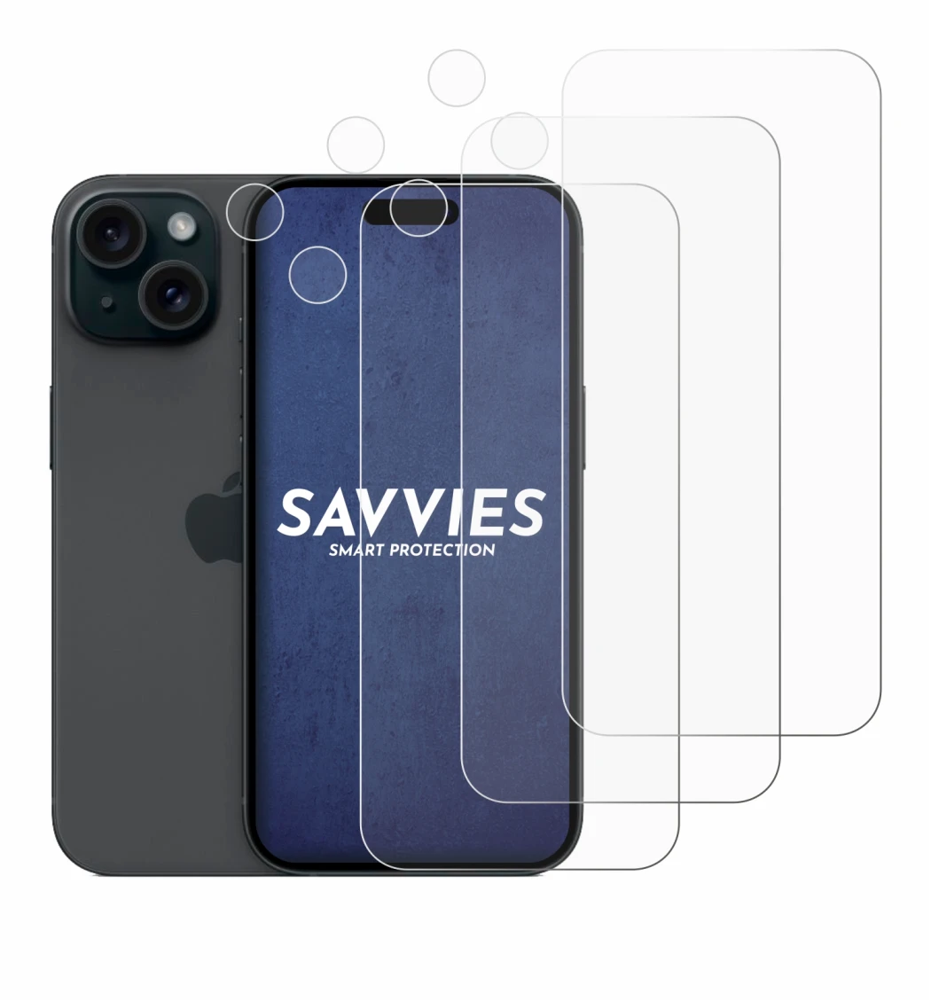 Image of the device Apple iPhone 15 (Front+Camera) with a wide variety of screen protectors.