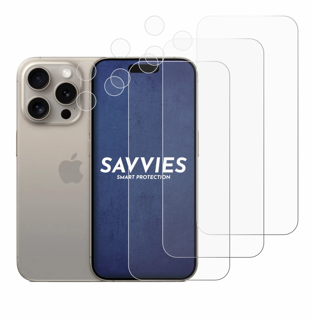 Image of the device Apple iPhone 15 Pro (Front+Camera) with a wide variety of screen protectors.