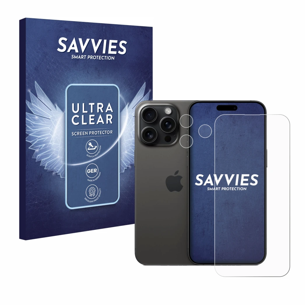 Front side of a product packaging with the brand logo Savvies. Next to it is the device Apple iPhone 15 Pro Max (Front+Camera)