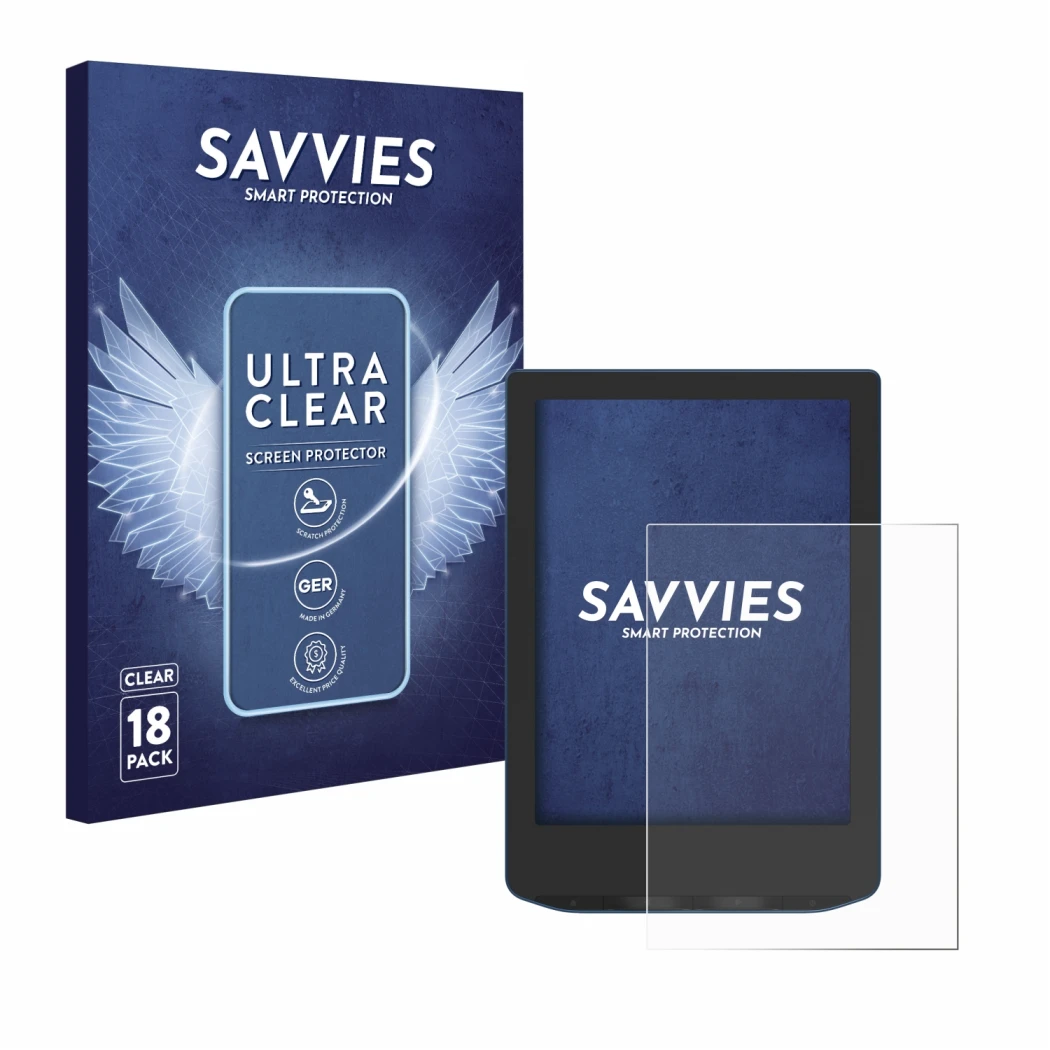 Front side of a product packaging with the brand logo Savvies. Next to it is the device PocketBook Verse Pro shown with the co