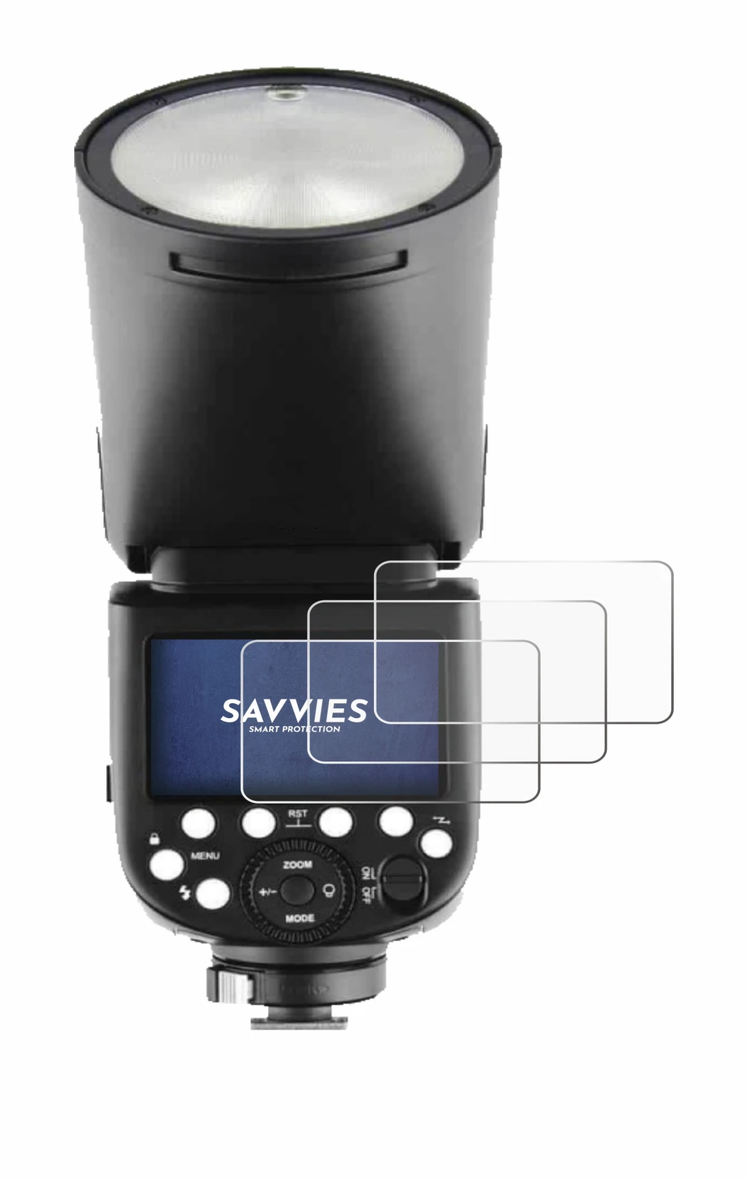 Image of the device Godox V1 with a wide variety of screen protectors.