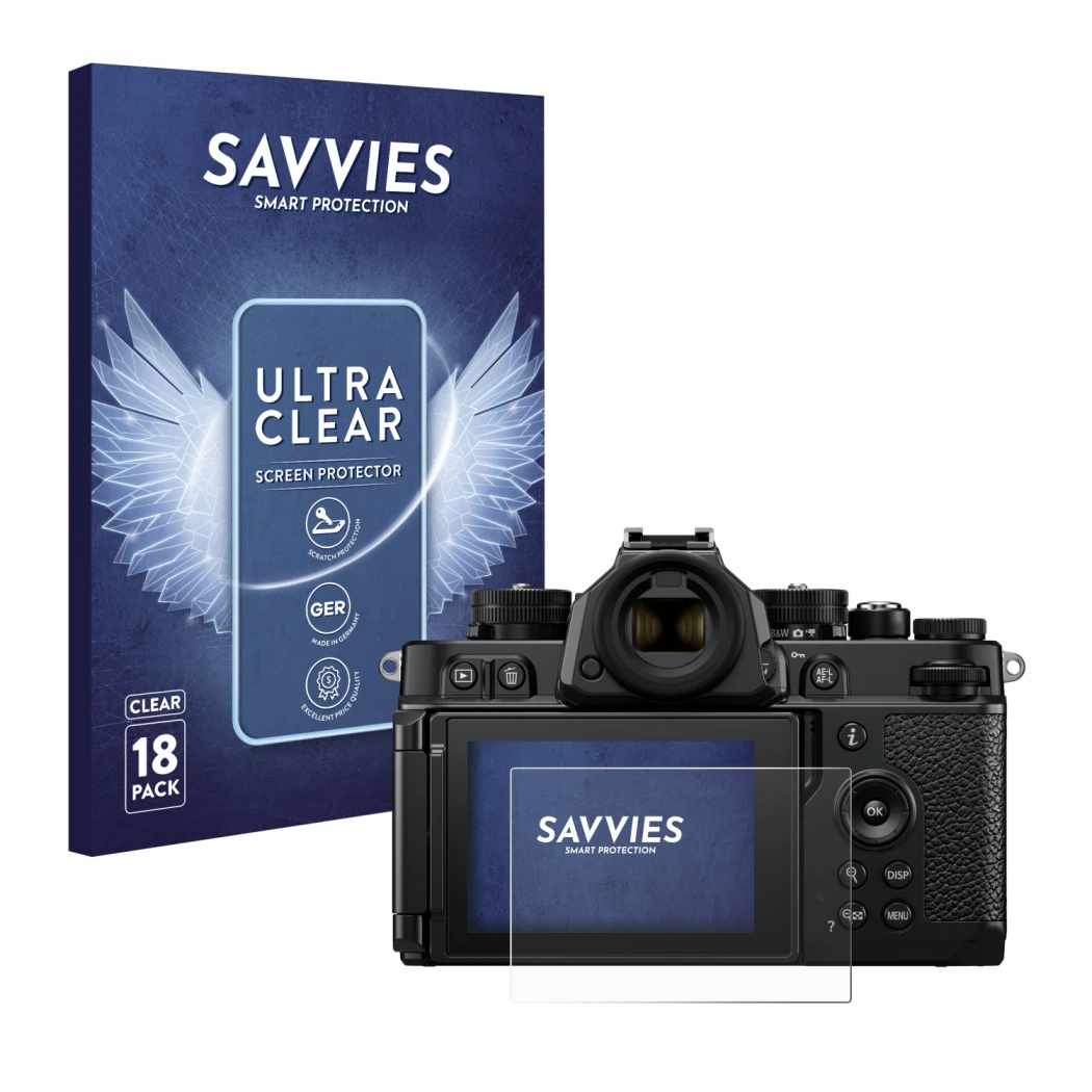 Front side of a product packaging with the brand logo Savvies. Next to it is the device Nikon Z F shown with the corresponding