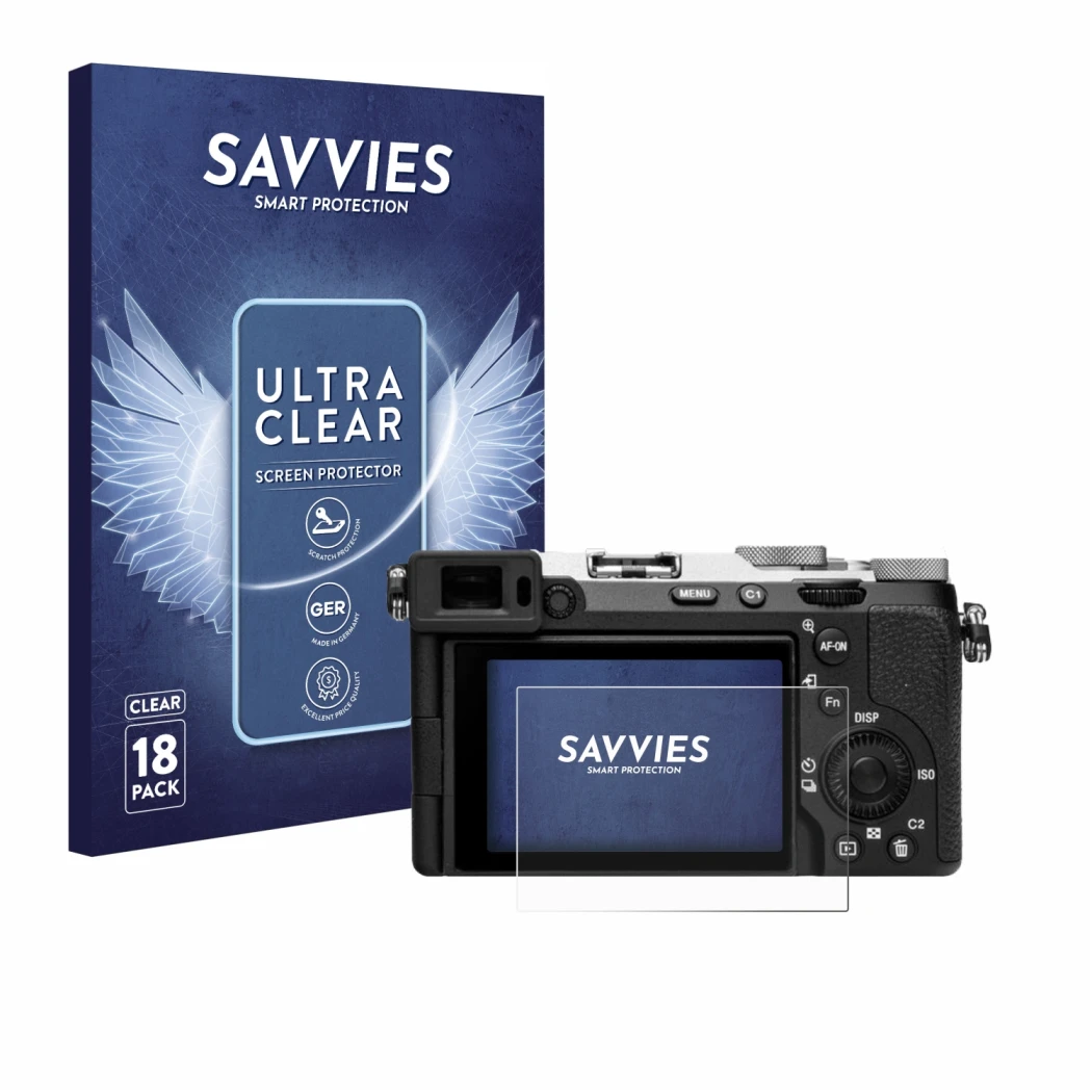 Front side of a product packaging with the brand logo Savvies. Next to it is the device Sony Alpha 7C II (ILCE-7CM2) shown wit