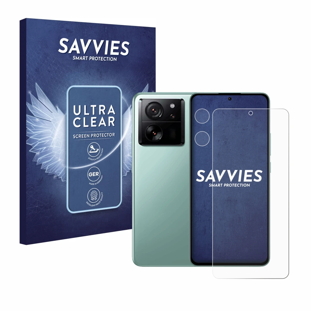 Front side of a product packaging with the brand logo Savvies. Next to it is the device Xiaomi 13T Pro (Front+Camera) shown wi