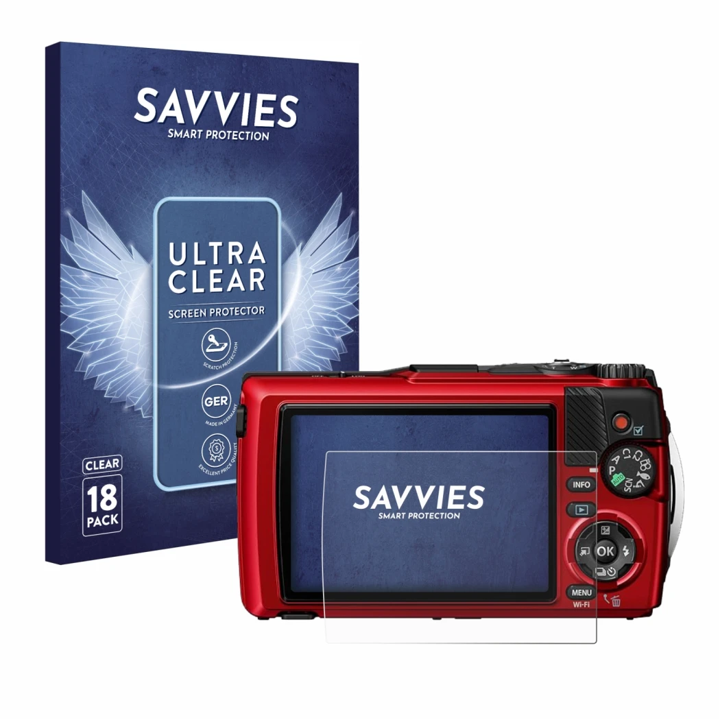 Front side of a product packaging with the brand logo Savvies. Next to it is the device Olympus OM System Tough TG-7 shown wit
