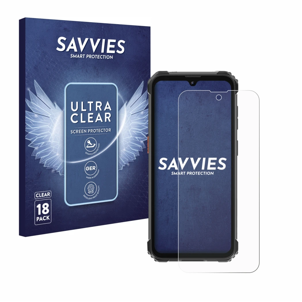 Front side of a product packaging with the brand logo Savvies. Next to it is the device Blackview BV5300 Pro (2023) shown with