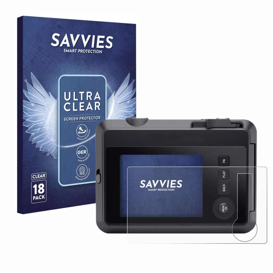 Front side of a product packaging with the brand logo Savvies. Next to it is the device Leica SOFORT 2 shown with the correspo