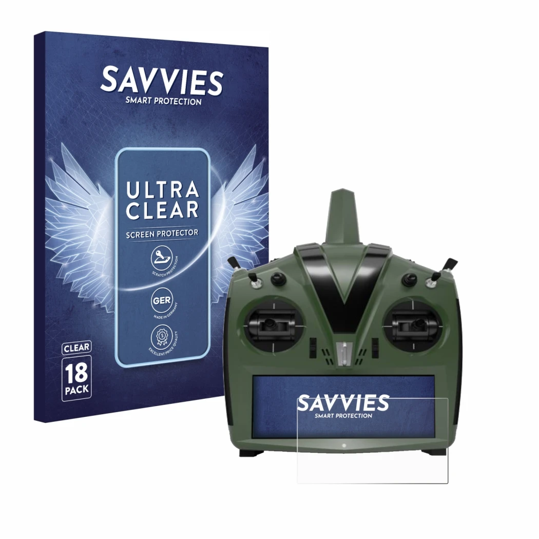 Front side of a product packaging with the brand logo Savvies. Next to it is the device VBar Control Evo shown with the corres
