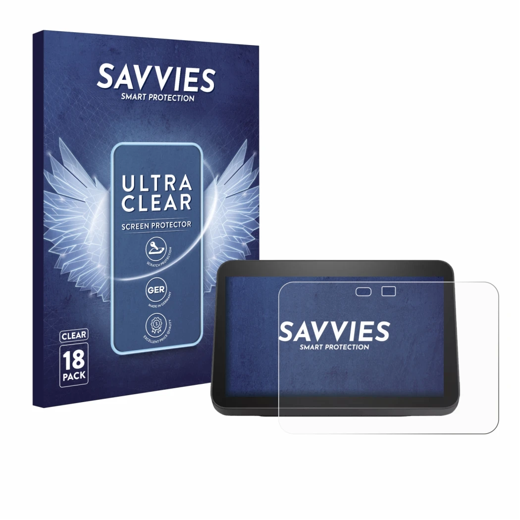 Front side of a product packaging with the brand logo Savvies. Next to it is the device Amazon Echo Show 8 2023 (3th Gen.) sho