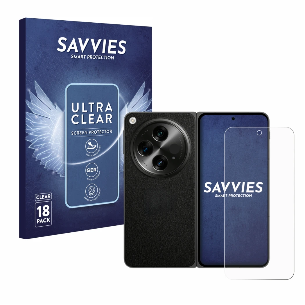 Front side of a product packaging with the brand logo Savvies. Next to it is the device OnePlus Open shown with the correspond