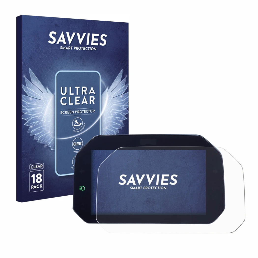 Front side of a product packaging with the brand logo Savvies. Next to it is the device BMW R 1300 GS TFT 6.5