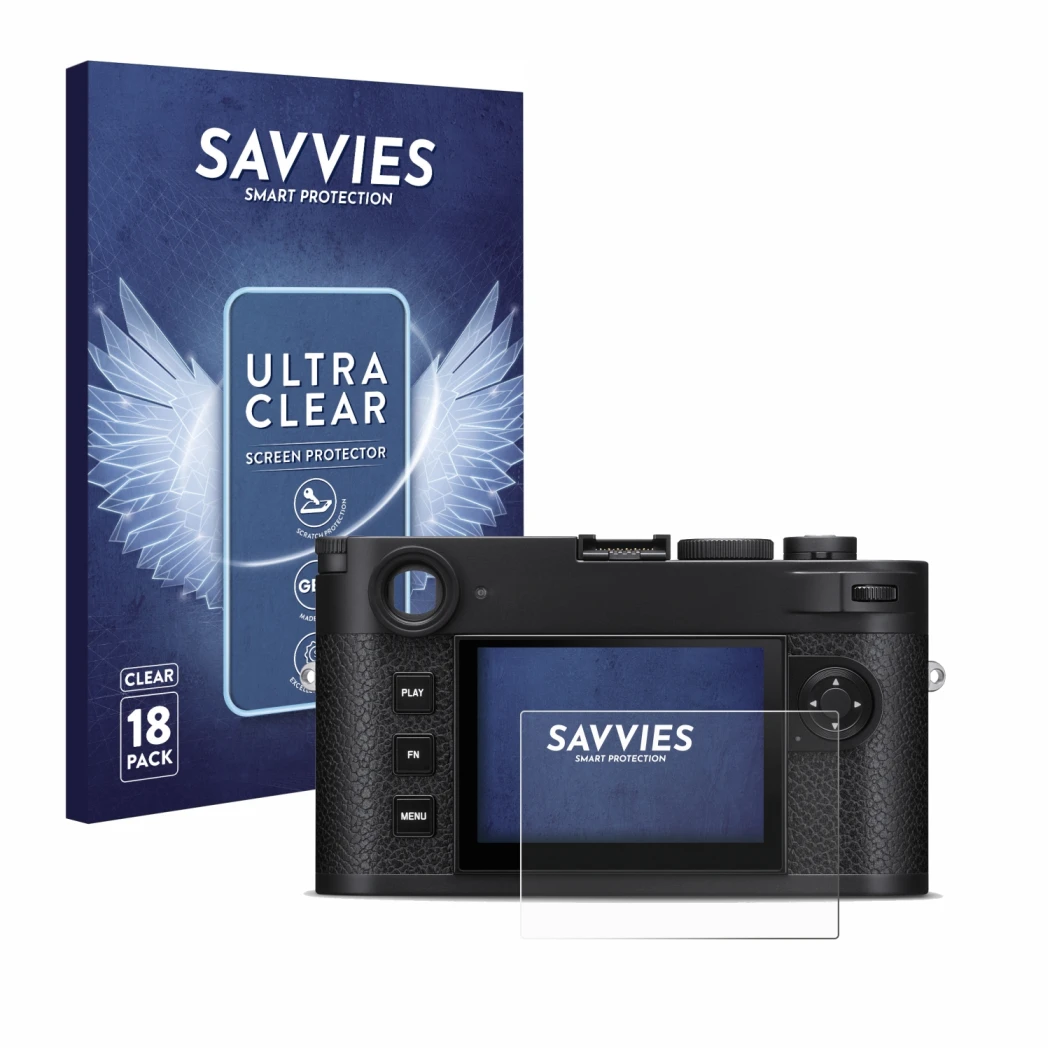 Front side of a product packaging with the brand logo Savvies. Next to it is the device Leica M11-P shown with the correspondi