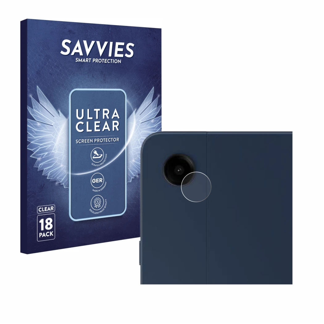 Front side of a product packaging with the brand logo Savvies. Next to it is the device Samsung Galaxy Tab A9 Plus 5G (ONLY Ca