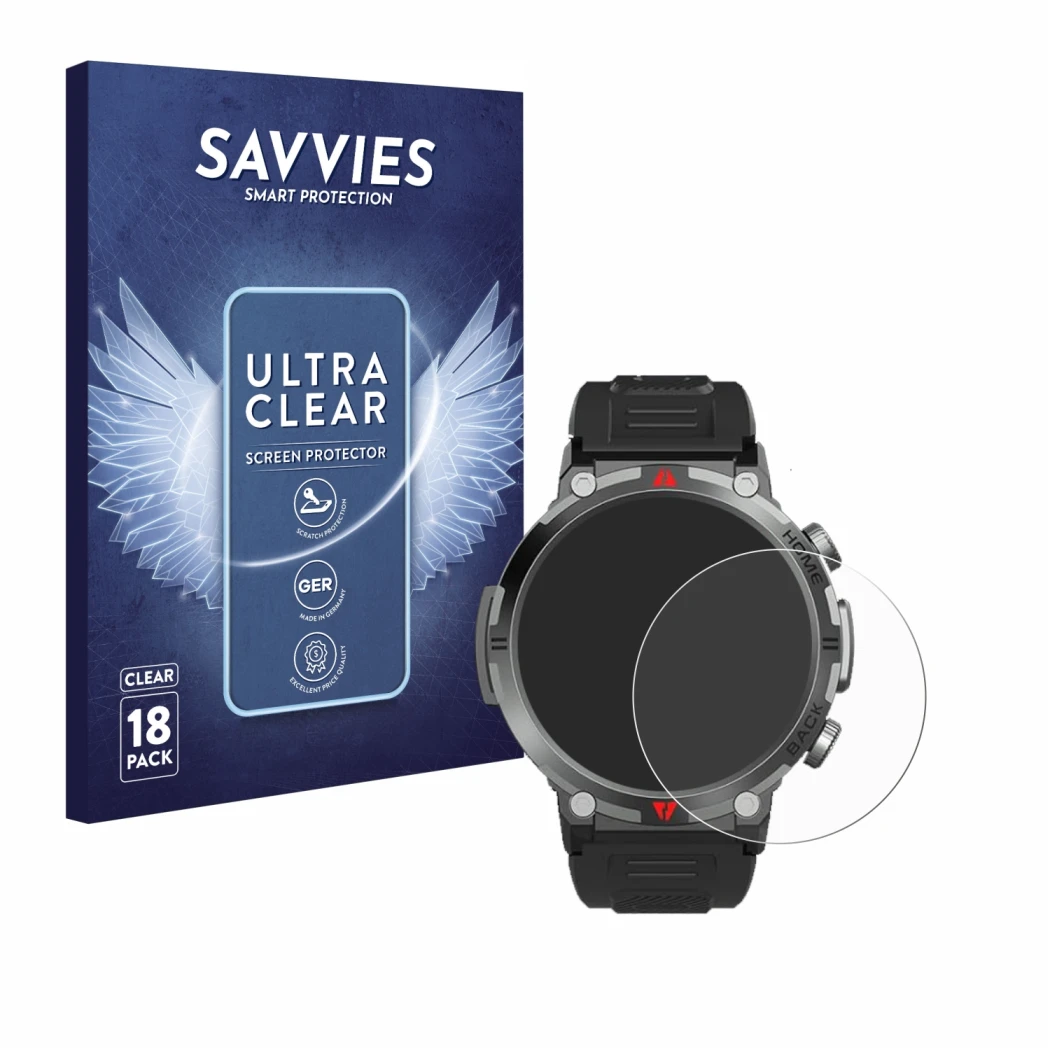 Front side of a product packaging with the brand logo Savvies. Next to it is the device IFMDA S100 1.45