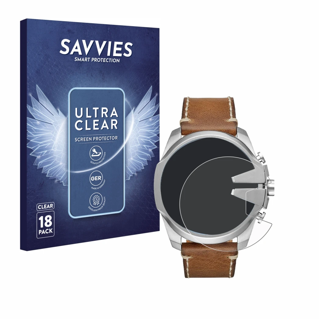 Front side of a product packaging with the brand logo Savvies. Next to it is the device Diesel Mega Chief shown with the corre