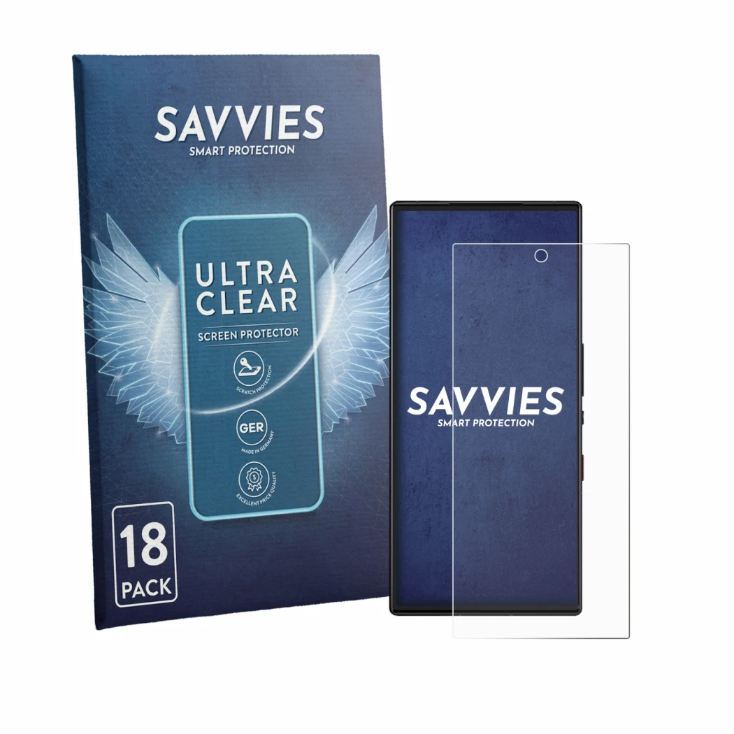 Front side of a product packaging with the brand logo Savvies. Next to it is the device ZTE Nubia Red Magic 9 Pro shown with t