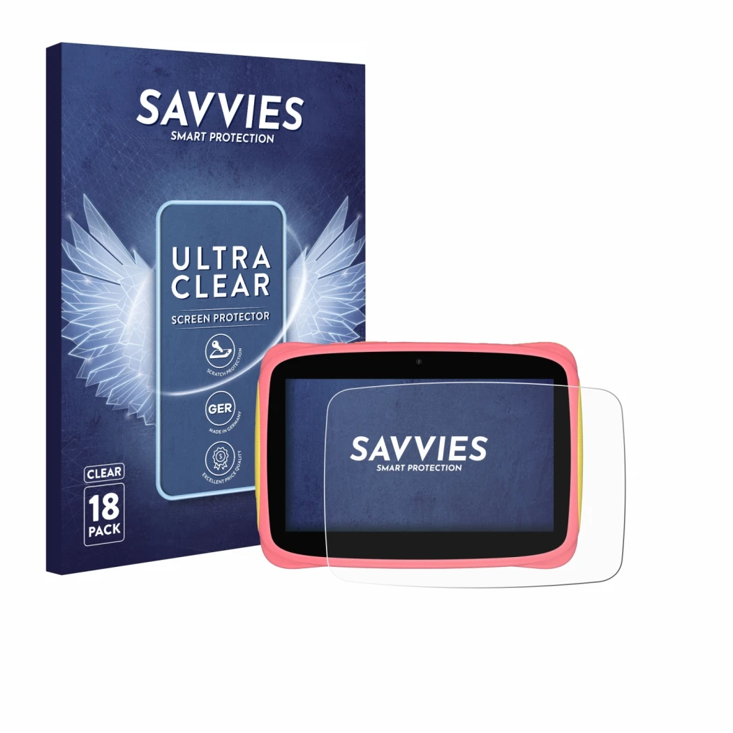 Front side of a product packaging with the brand logo Savvies. Next to it is the device Blackview Tab 3 Kids shown with the co