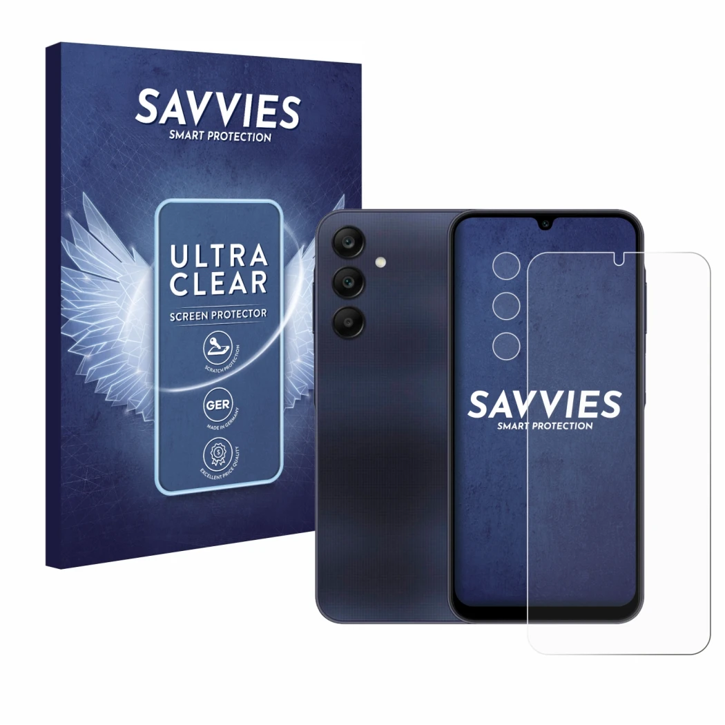 Front side of a product packaging with the brand logo Savvies. Next to it is the device Samsung Galaxy A25 5G (Front+Camera) s