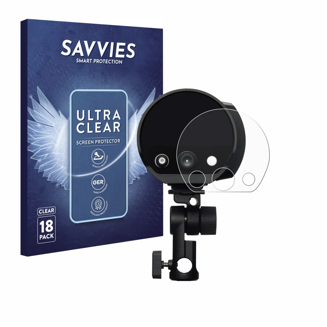 Front side of a product packaging with the brand logo Savvies. Next to it is the device Profoto B10X shown with the correspond