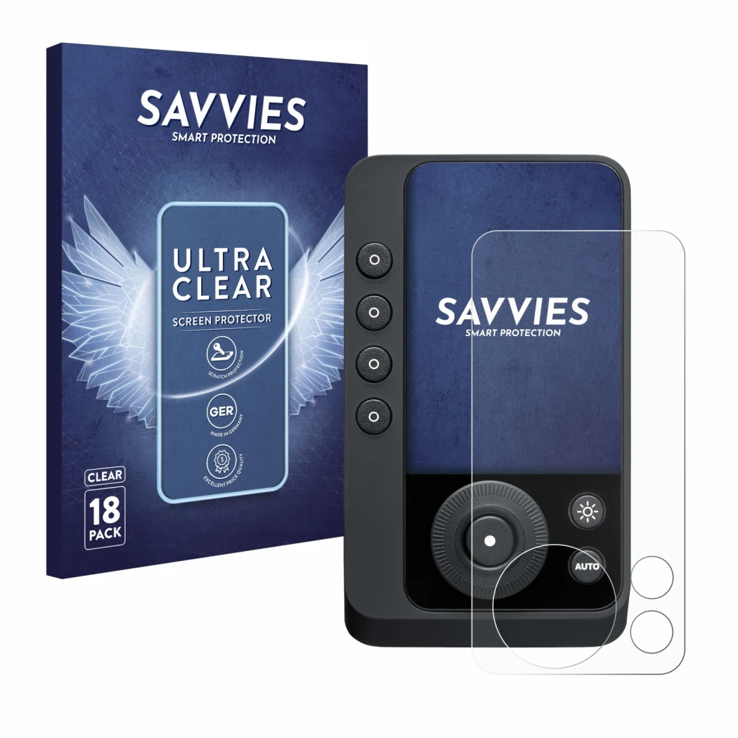 Front side of a product packaging with the brand logo Savvies. Next to it is the device Profoto Connect Pro shown with the cor